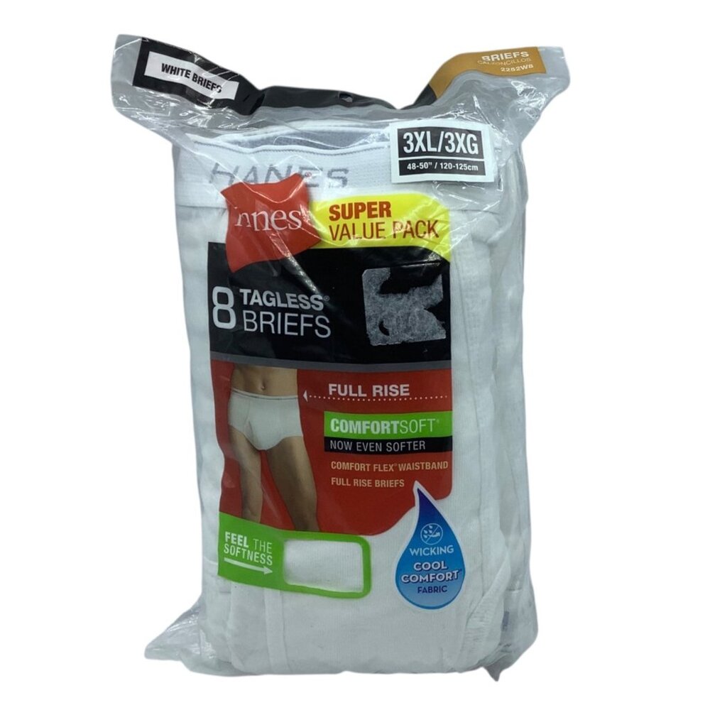 Hanes Men 8-Pack Tagless‎ Briefs 3XL Comfort Soft White Cotton Full Rise NEW